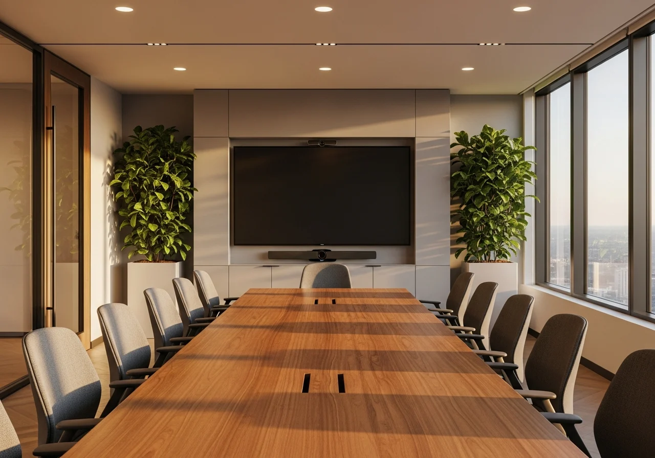 Modern video conference room with wall display and video bar