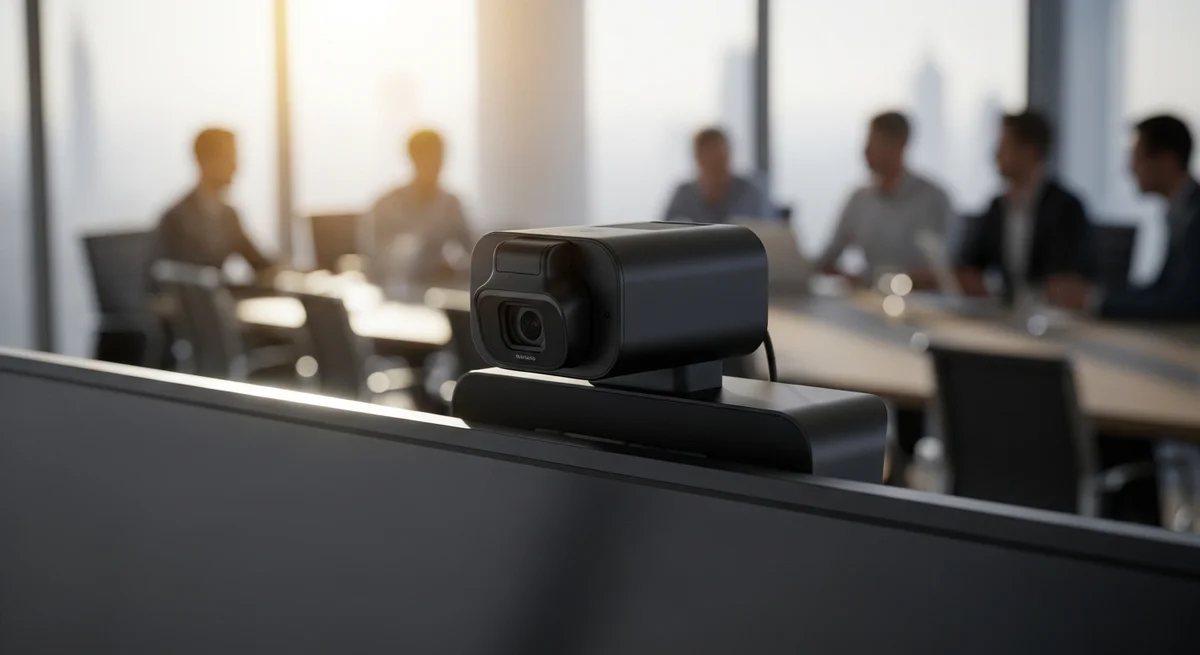 PTZ conference camera above a meeting room display