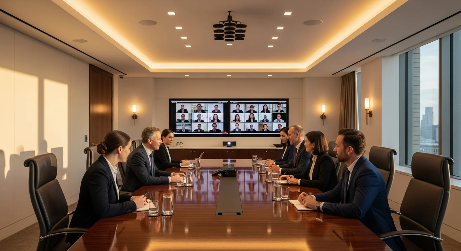 Boardroom video conference with remote participants on dual displays
