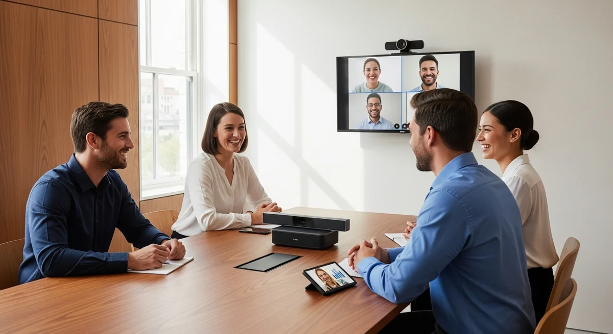 Team on a video call in a small meeting room