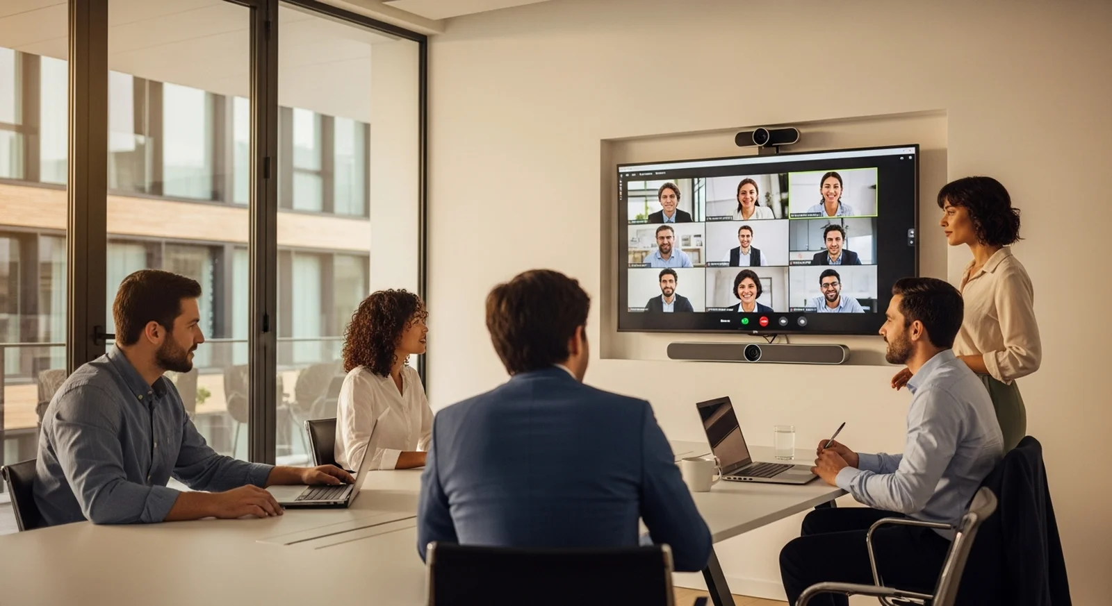 A team collaborating over a video conference in a modern meeting room